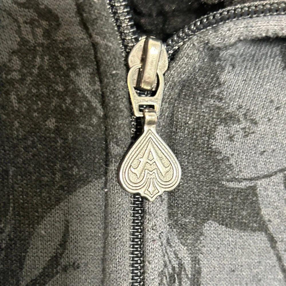 Ace Of Spades Black Skull Pattern Full Zip Hoodie Size XL Preowned - Picture 2 of 5